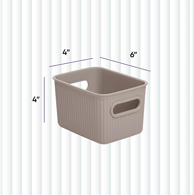 Superio Ribbed Collection - Decorative Plastic Basket Open Home Storage Bins Organizer, Small Taupe (4 Pack) Container Boxes for Organizing Closet Storage Bins for Shelves Drawer Shelf 1.5 Liter
