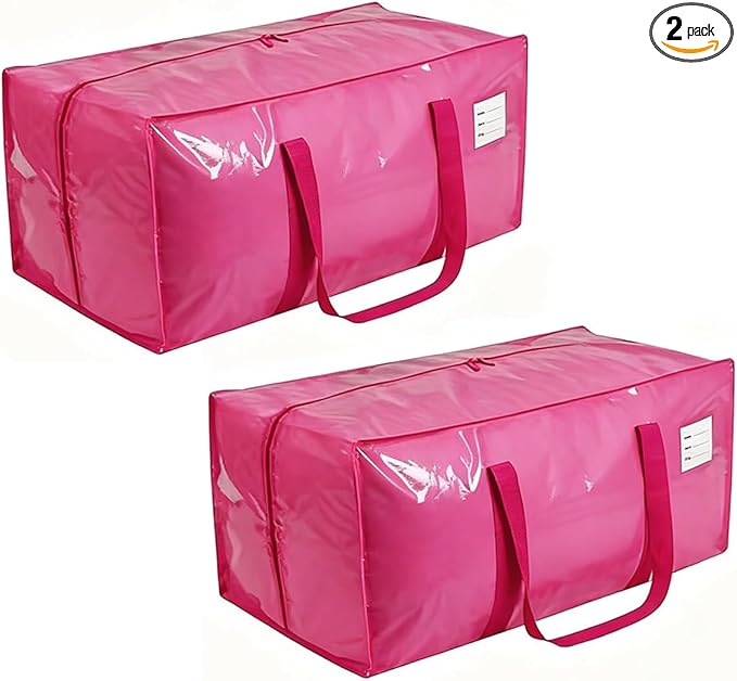 Extra Large Storage Bags, 23 Gallon Capacity, Pink Waterproof Moving Totes with Handles and Label Pocket, Heavy Duty Zipper (2, Jelly Pink)