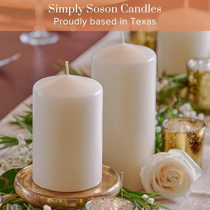 Simply Soson 3x4 inch Ivory Pillar Candles, Ivory Candles, Set of 6 Bulk 3x4, Emergency Candles, Tall Candles, Wax Candle, Unscented Candle Pack, Cone Tip Pillar