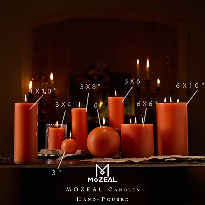 MOZEAL 3" x 6" Hand-Poured Unscented Candle,Dripless Pillar Candle Set of 3,Long Lasting Burning,Approx 120 Hours Burn Time,Rustic Country Style,for Wedding,Dinner,Christmas and Home Decor,Orange