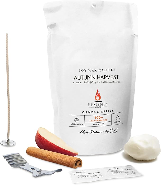 Phoenix Wick Candle Making Kit – Transform Anything Into A Candle – Candle Making Kit with Wick + 14oz Wax (Autumn Harvest Scent)