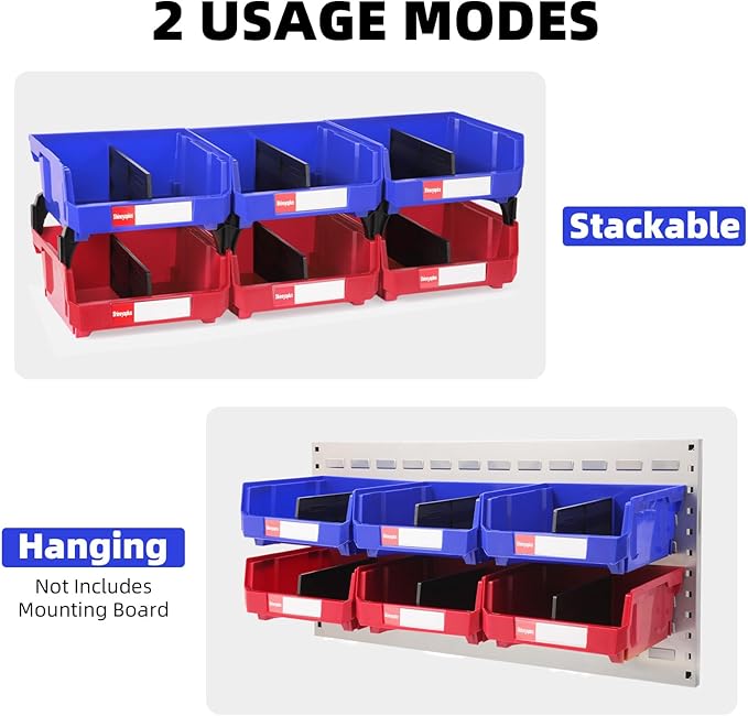 Stackable Storage Bins 6 Pack (11x11x5 Inch), Plastic Stackable Storage Organizer Bins Wall Mounted Hanging Small Parts Bin for Garage, Workbench & Office (Blue & Red)
