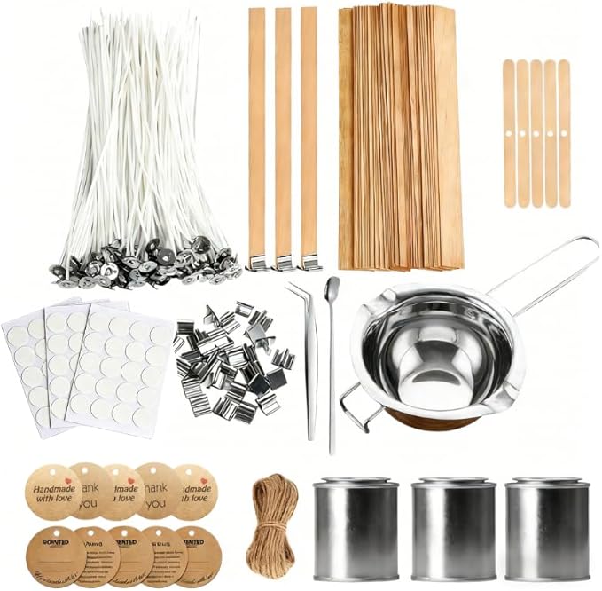 185 Pieces of Candle-Making Tools: 100 Cotton Wicks and 30 Wooden Wicks, 1 Wax Melting Pot, 3 Candle Cups,with Complete Tool Set，for Soy Beeswax DIY Candles