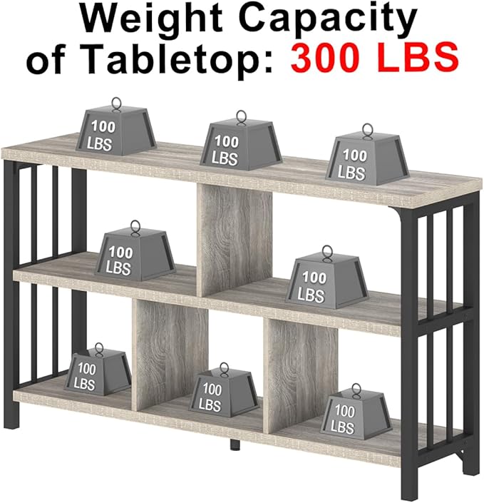 IBF Industrial Horizontal Bookshelf, Modern 5 Cube Storage Organizer Open Shelf, Low Wide Cubby Bookcase for Home Office Living, Wooden Metal Short Book Shelf Bedroom Storage, Light Grey Oak, 47 Inch