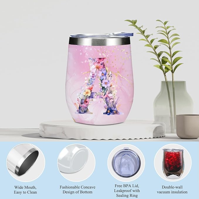 Personalized Gifts Monogrammed Birthday Gifts for Women, Bridesmaid Bachelorette Party Wedding Christmas Initial Wine Tumbler Makeup Bag Scented Candle Bracelet Set, (Aesthetic Pink Flower A)