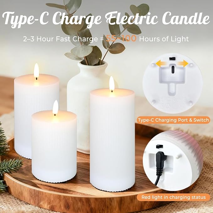 Rechargeable Flameless LED Pillar Candles–Luminous Real Wax Indoor Home Decor–Set of 3, Realistic Flickering LED Flame,Remote & Timer, USB-Rechargeable（White）