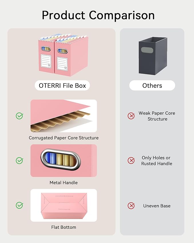 Oterri File Organizer Box, Portable Collapsible Cardboard File Folder Organizer with Handle for Letter Size Hanging Files, Document Storage Box for Home Office & Classroom (6 Packs, Pink)