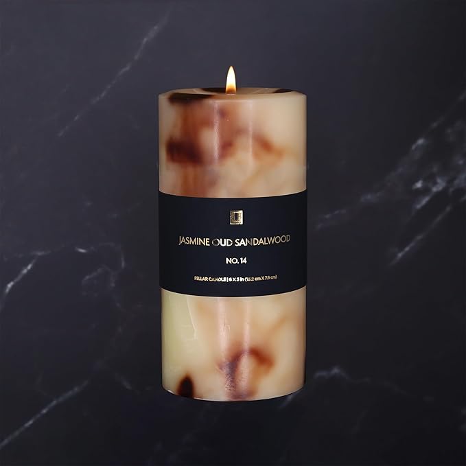 Lulu Candles - Jasmine, Oud & Sandalwood (3x6 Pillar Candle) - Highly Scented Premium Candles in Gifable Box for Home and Office - 100% Cotton Wick - Slow Burning & Long Lasting