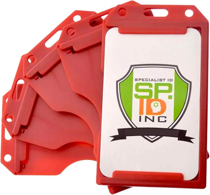 5 Pack - Heavy Duty 2-Sided Rigid Multi Card Holder - Hard Plastic Vertical ID Badge Holders for 2 Standard or Thick Prox Cards, Fuel Card, CAC, Work Badge, or Credit Cards by Specialist ID (Red)