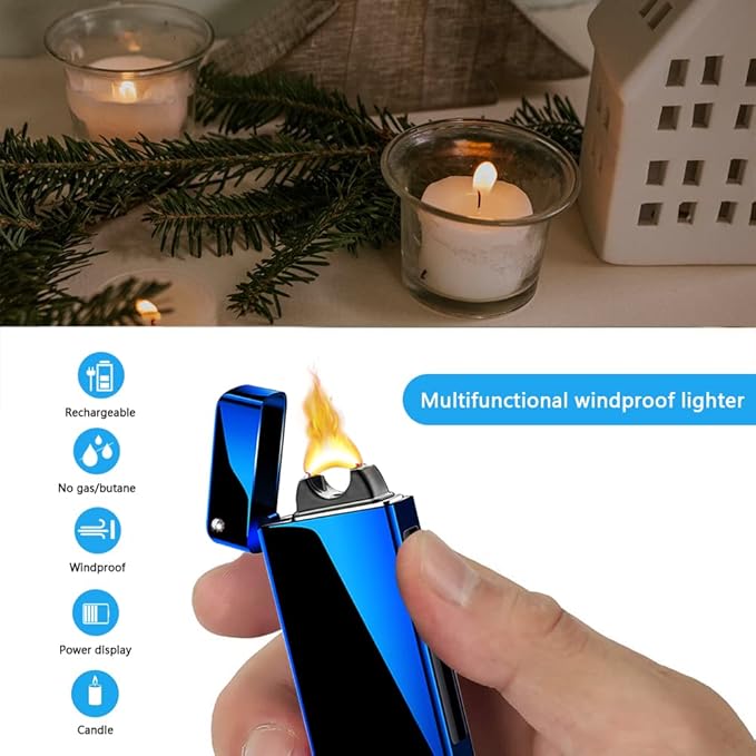 Rechargeable USB C Lighter, Windproof Electric Lighter Arc Plasma Lighters with Projection Stone, Visual Battery, Cool Vintage Lighters Custom Style for Outdoor Candle Camping Gift（Blue）