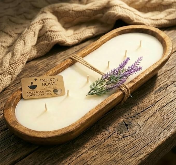 Dough Bowl Candle Co. Lavender Soy Candle - 6 Wick Rustic Farmhouse Decor Odor Eliminator in Wooden Bowls, 32 Ounce Wooden Dough Bowl Candle, All-Natural Gifts for Women and Men, Coffee Table Decor
