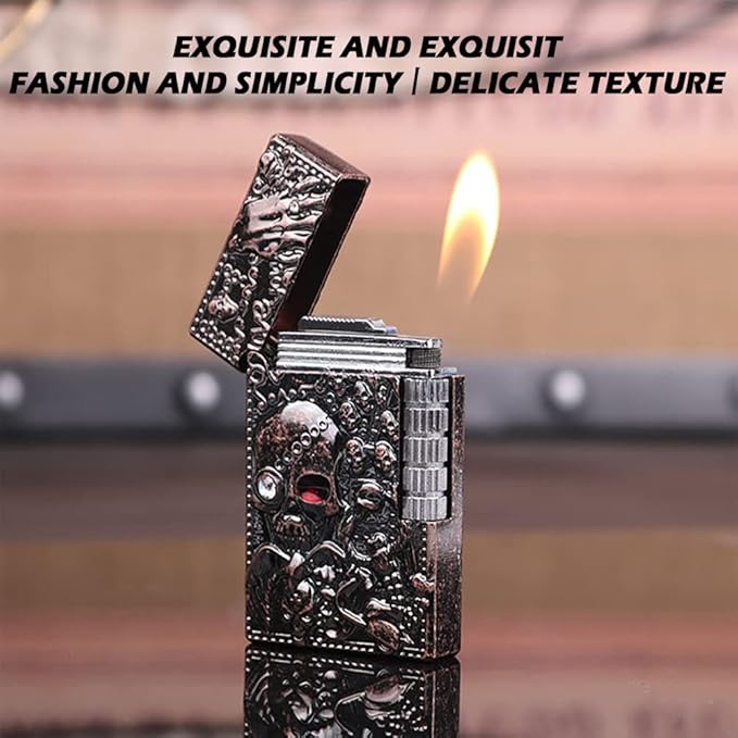 Carving Skull Antique Lighter, Vintage Cool Metal Lighters Refillable, Novelty Lighters for Men Candles Gift Ideas (No Butane Fuel). (Bright)