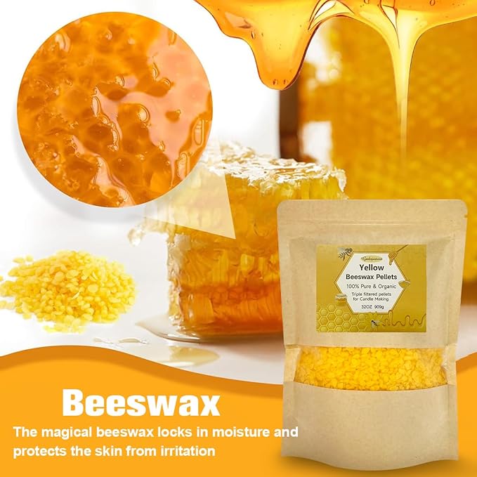 Organic Beeswax Pellets - 907g Yellow Beeswax Pastilles, Pure Natural Bulk Bees Wax Pellets for DIY Beeswax Making Candles Skin Care Lip Balm Soap Lotion (2lb)
