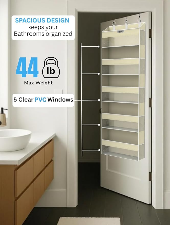 Over the Door Organizer with 5 Large Pockets & 10 Mesh Side Pockets – Durable Hanging Storage for Closet, Bathroom, Bedroom, and Nursery– Space Saving Door Storage with Sturdy Metal Hooks.