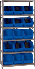 Quantum Storage Systems QSBU-260BL Giant Open Hopper Steel Shelving System, 18" D x 36" W x 75" H, with 6 Shelves and 15 QUS260 Bins, Blue