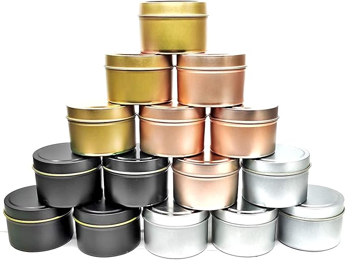 Unixing 16PCS 4oz Candle Tins for DIY Candle Making, Metal Round Candle Containers for DIY Candle Making, Arts & Crafts, Storage and Holiday Gifts, Black Gold Rose Gold Silver Candle Tins