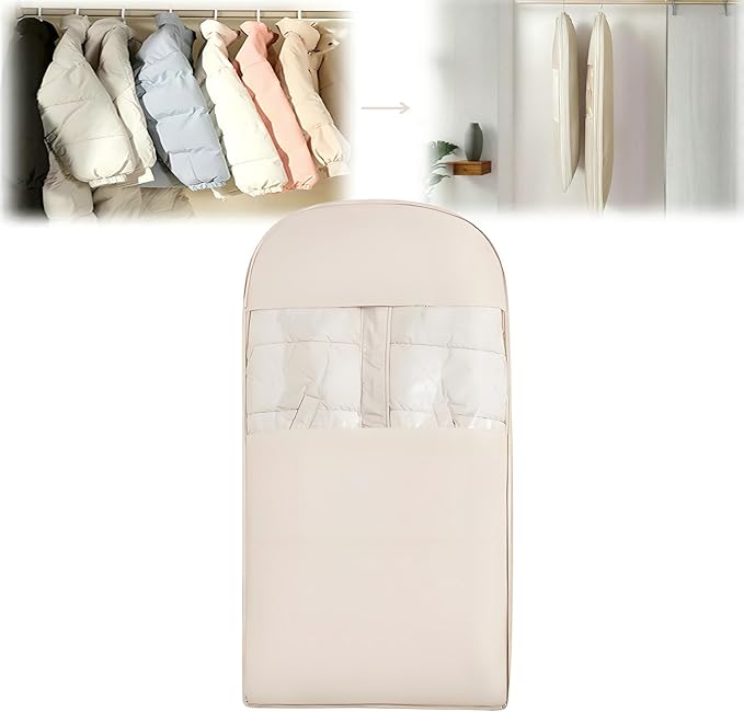 Space Saving Hanging Garment Bag with Self Compression Zipper, 2025 New Space Saver Clothes Storage Organizer, Dust Cover Clothes Bags for Down Coat Suit Dress or Jacket (Beige, L)