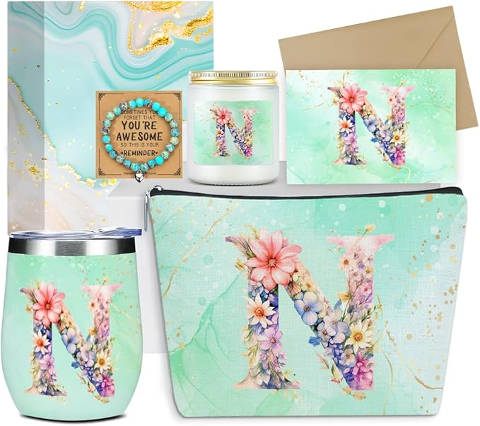 Personalized Gifts Monogrammed Birthday Gifts for Women, Colleague, Leader Mentor Female Farewell Christmas, Initial Wine Tumbler Makeup Bag Scented Candle Bracelet Set, (Aesthetic Green Flower N)