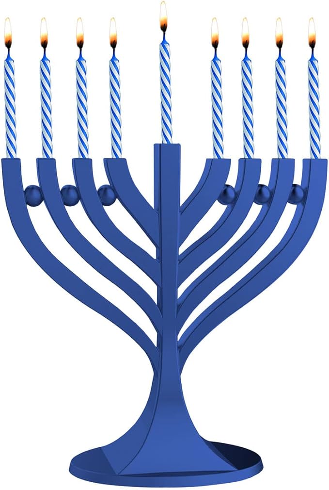 Zion Judaica 5.25" Mini Menorah with Hanukkah Candle Set - Dark Royal Blue with 44 Blue White Mini Chanukah Candles Small Minorah Hanukkah Decoration or Gift