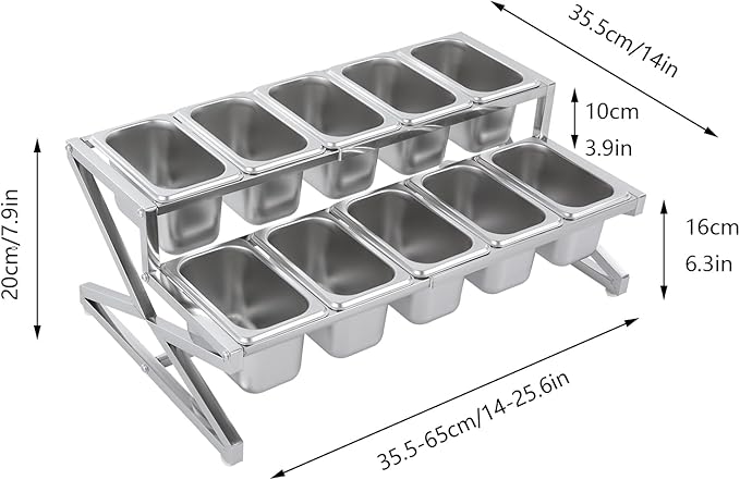 2-Tier Expandable Spice Rack with Lids & Spoons, Stainless Steel Seasoning Organizer Shelf, Pizza Topping Station, Kitchen Countertop Holder for Condiment Ingredients Sauces Jams Fruits