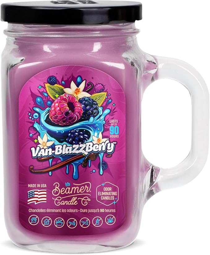 Beamer Candle Co. - Van-Blazzberry Candle – Raspberries, Vanilla & Sugar - Sweet Vanilla & Tangy Berry Scent - Odor Eliminating - High Fragrance - Large 12oz Mason Jar - 90 Hour Burn Time