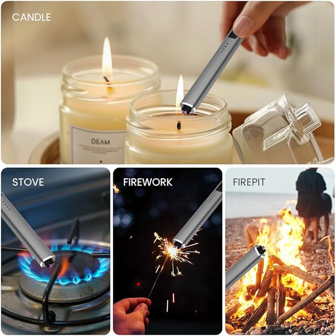 Windproof Flameless Long Candle Lighter with Dual Arc, USB Rechargeable Lighter for Candles, Grill and Fireworks
