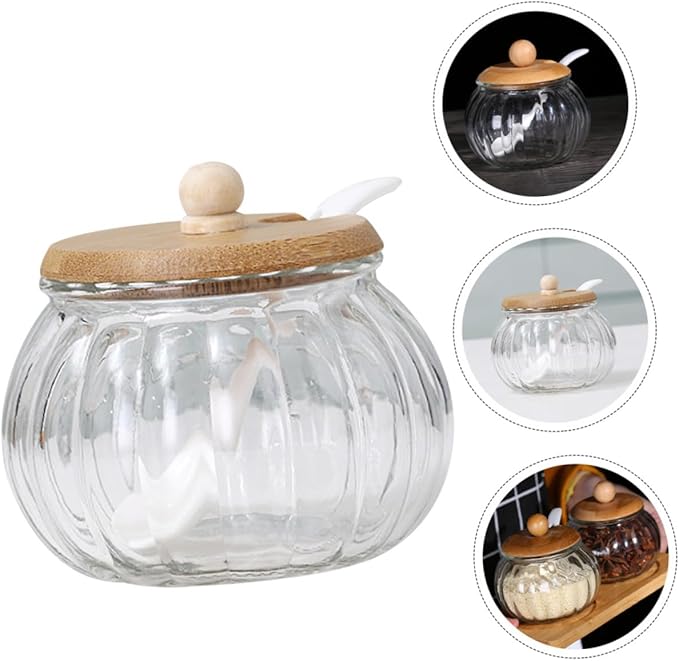 1set Glass Pumpkin Sugar Dispenser with Spoon Stylish Kitchen Storage Jar for Sugar Seasonings and Candy Easy to Clean Kitchen Essential