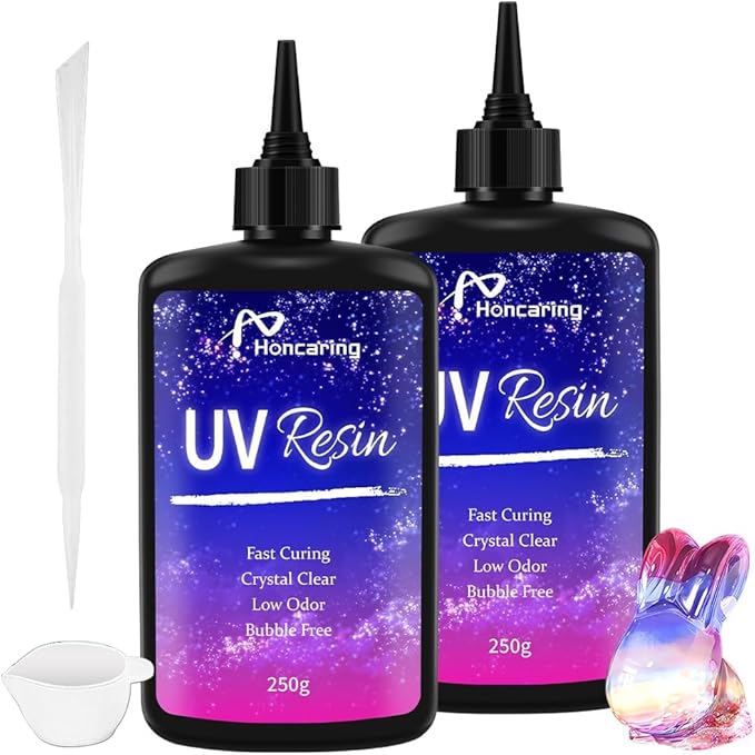 Honcaring UV Resin 500g, Clear Beginner-Friendly Kit with Silicone Tools, Upgraded Formula & Crystal Clear for Jewlery Making, Craft, 250g*2 Resin UV Kit for Earring, Pendant, DIY