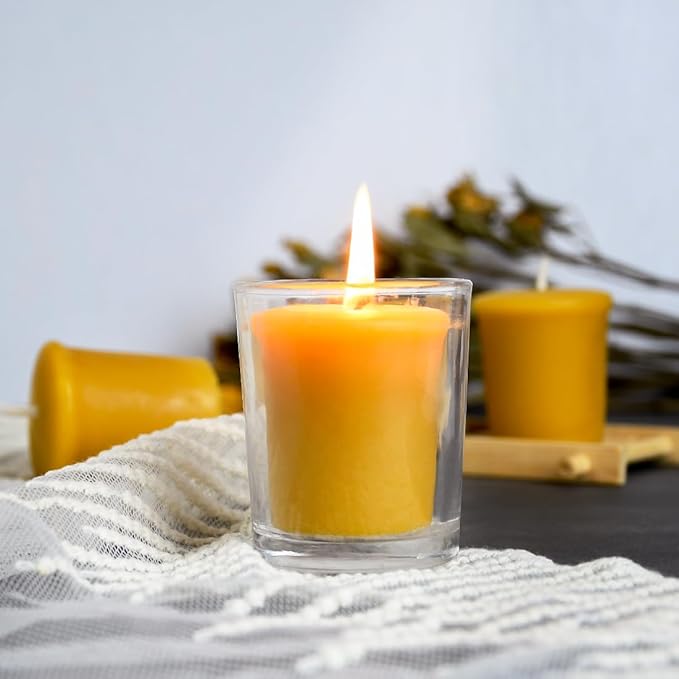 Pure Beeswax Votive Candles-6 Pack Natural Votives Set in Glass Jar for Home Room Decor Party Wedding Spa Gift,12 Hours Burn