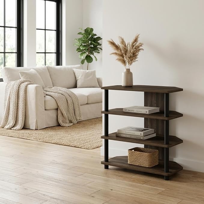 Furnifact White 4-Tier Petite TV Stand, Wood, Modern Design, Walnut/Black Finish, Space-Saving, Durable Storage