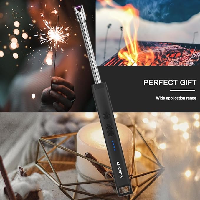 ARECTECH Candle Electric Lighter Rechargeable USB Arc Lighters for Candle Camping Fireworks Christmas Birthday Gifts with LED Light for Men Women Black