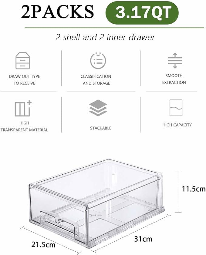 bealy 2 Pack Stackable Clear Storage Drawer,Clear Refrigerator Organizers and Storage Drawer, Pull Out Drawer for Fridge Kitchen Bathroom Cabinet Closet Organizer Pantry