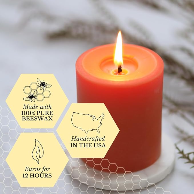 Big Dipper Wax Works Pumpkin Orange Pillar Candle, 90-Hour Long Burn, Pure Beeswax Candle, 3" x 6”