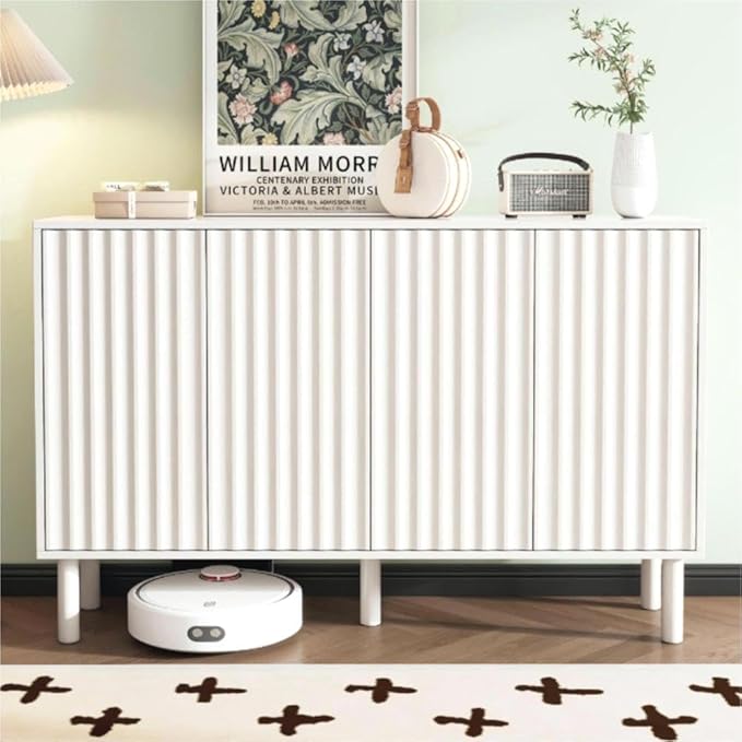 Minimalist Shoe Storage Cabinet with 5 Solid Wood Legs Cream Style Fluted Doors 4-Door Storage Organizer Adjustable Shelves for Living Room
