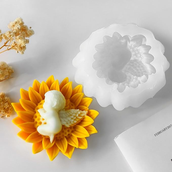 Flower Candle Molds for Candle Making, 3D Angel Baby in Sunflower Silicone Molds for Soap Making, Resin Casting, Aroma Candle, Wax, Plaster Polymer Clay Home Decor DIY Mother's Gift Baby Shower