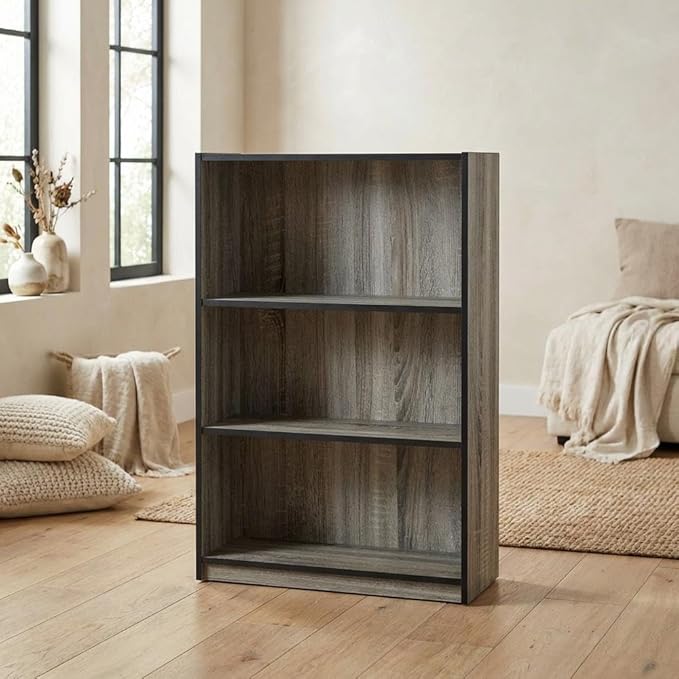 Furnifact French Oak Grey 3-Tier Adjustable Shelf Bookcase with Wooden Shelves, Modern Storage Solution for Home Office or Living Room