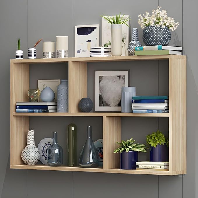 RUNNUP Floating Wall Mount Bookcase Engineered Wood Book Shelf Decor Wall Shelf for Study Room Office Living Room, Natural 47.2" L x 7.9" W x 25.6" H