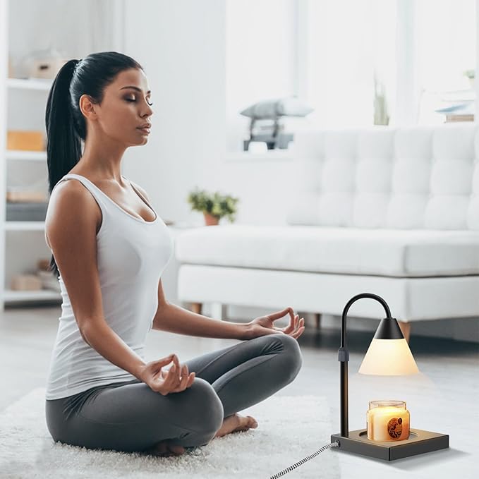 LALISU Candle Warmer Lamp, Dimmable Metal Candle Lamp Warmer Height Adjustable, Compatible with Candle and 3 Wick Large Jars Scented Wax for Home Decor (Glass-Black)