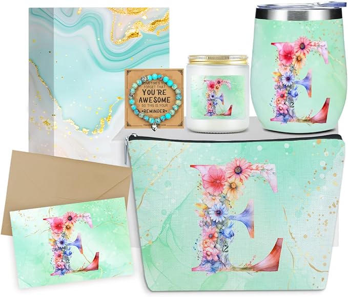 Personalized Gifts Monogrammed Birthday Gifts for Women, Daughter Bestie Friendship Christmas Halloween Initial Wine Tumbler Makeup Bag Scented Candle Bracelet Set, (Aesthetic Green Flower E)
