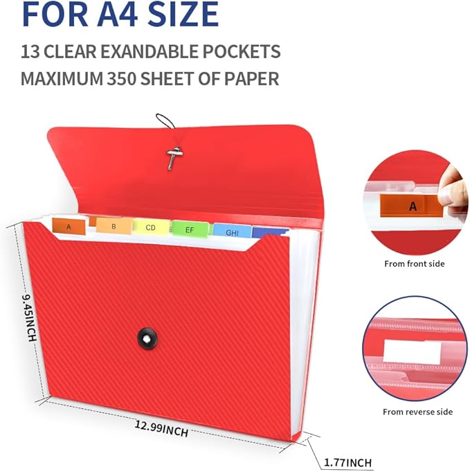 Expanding File Folder, 13 Pockets Accordian File Holder Organizer, A4 Letter Size Paper Document Receipt Organizer Accordion Filing Folder for Classroom, Home, Office and Travel, Red