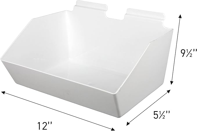 SSWBasics Slat Wall Accessory - Set of 2, 12 x 5 ½ x 9 ½ Inch White Plastic Slatwall Bins - Durable and Versatile Slat Wall Accessories for Organized Storage Solutions