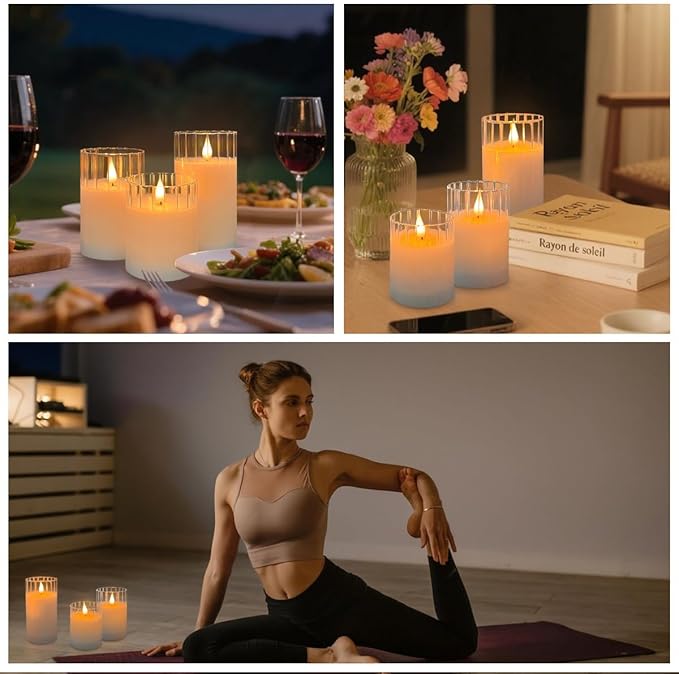 Rechargeable Flameless Glass Pillar Candles – Remote & Timer – Set of 3 White Stripes Realistic Flickering LED Light, Ideal for Living Room, Bedroom & Holiday Décor& Gifts for Women