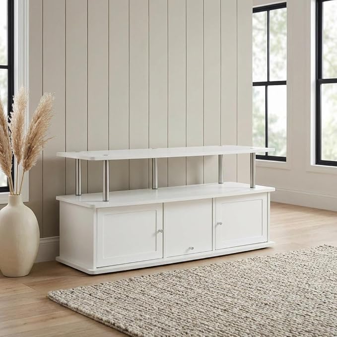Furnifact White TV Stand, 3 Storage cabinets, Shelf, Supports TVs up to 60 lbs, Modern Style, Particle Board, for TVs up to 55 inches