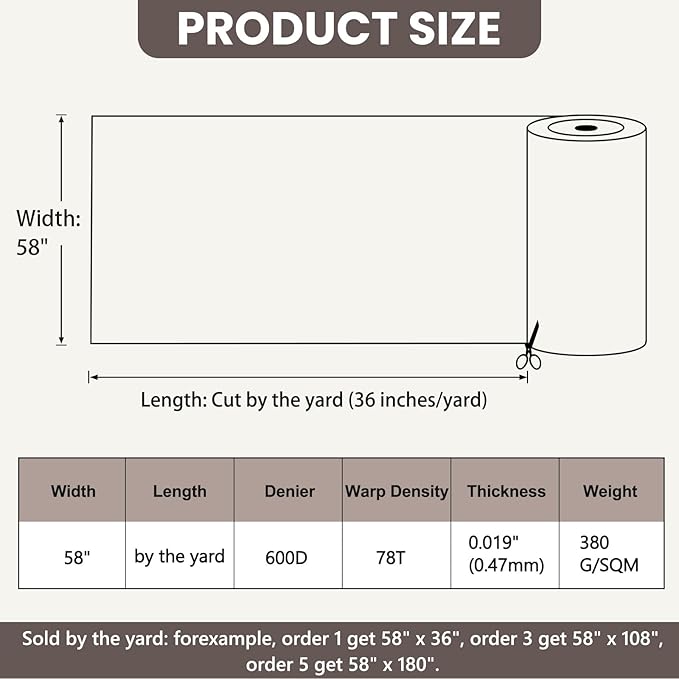 Waterproof Marine Canvas Fabric by The Yard 58" W 600D PVC Backing Water-Resistant Polyester Fabric Upholstery Material for Outdoor Indoor Marine Awning Tent Boat Furniture Cover, 15 Yards Dark Brown