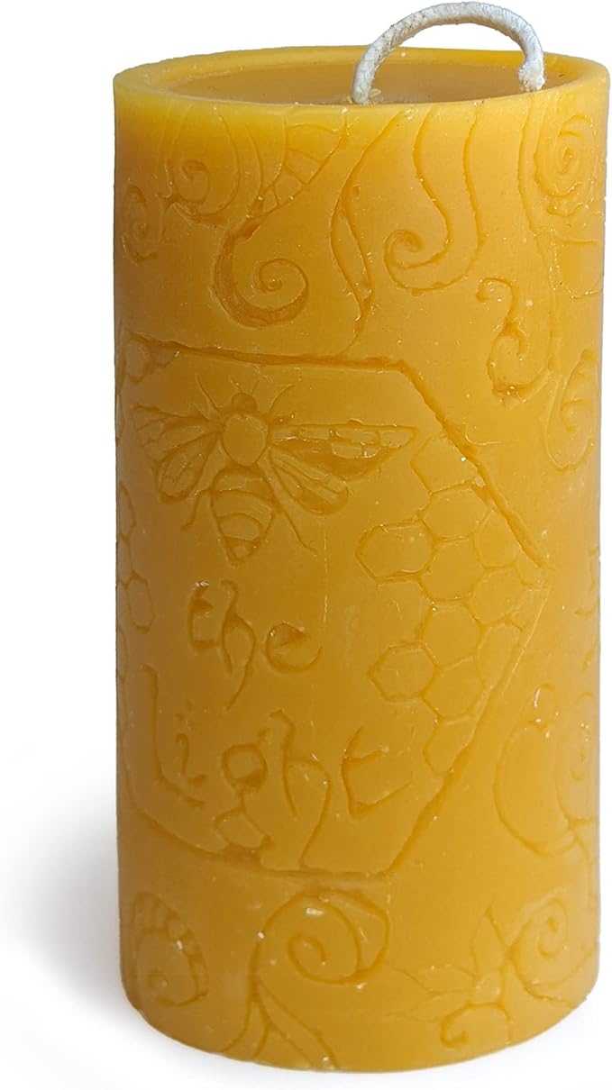 BeeTheLight Beeswax Pillar Candle - 100% Pure Bees Wax - Choose Your Size and Color - 72 Hour Burn Time - Fits 3x6 Holder - Unscented - Natural Honey Scent (BeeTheLight Logo (Yellow), Large)