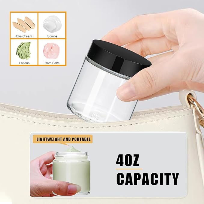 4oz Glass Clear Cosmetic Jars with Black Lids,Empty Small Glass Jars with Inner Liners,Round Travel Sample Container for Cream,Lotion,Ointments,Candle Making,Set of 25