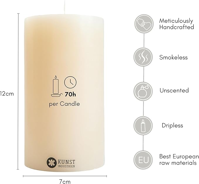 Pillar Candles, Handmade in Europe, 4 Pack – RSPO Certified, Dripless & Smokeless Velas, Long Burning Candles 70 Hours per Large Candle, Unscented Candle Set (4 pcs, Ø 2.8 in x H 4.7 in, Off-White)