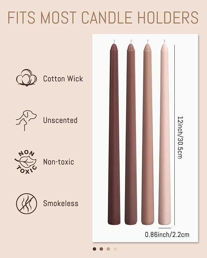 Viyffo Brown Taper Candles 4 Pack Unscented 12 Inch Tapered Candle Sticks 8 Hours Burn Time Smokeless, Household, Wedding, Party, and Home Décor Candlesticks