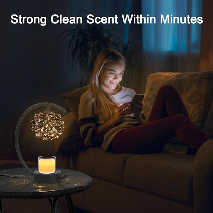 Yeuslor Candle Warmer Lamp for Jar Candles with Adjustable Brightness＆Timer，Handcrafted Crystal Candle Lamp Luxurious Design+2Bulbs,Home Decoration Electric Candle Lamp(Black C-Shaped)