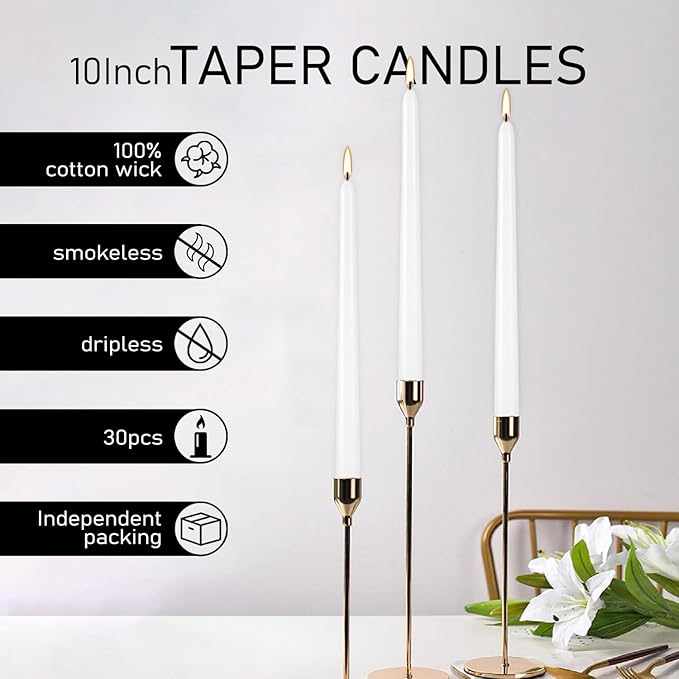 30 Pack 10 inch White Taper Candles, 7-7.5 Hour Burn Time,Unscented Dripless and Smokeless, Elegant Premium Quality Dinner Candle for Home Décor, Restaurant, Wedding, Party Candlesticks